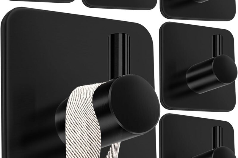 4smile Towel Rail without Drilling, Set of 6, Black – Bathroom Towel Holder Made of Stainless Steel, Functional Adhesive Hooks, High Load Capacity – Waterproof Hooks for Bathroom, Hooks Self-Adhesive