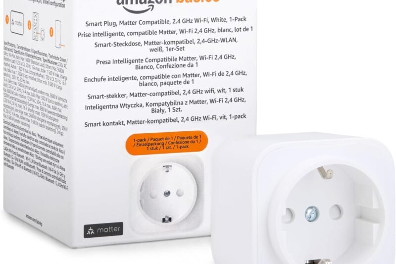 Amazon Basics Smart Plug, Matter Compatible, Compatible with Amazon Alexa, Google Home, Apple HomeKit, Matter Hub Required, Only 2.4GHz WiFi, White, Pack of 1