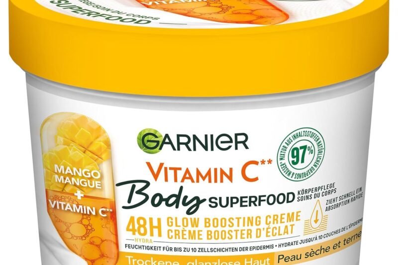 Garnier Nourishing Body Care for Pale and Dry Skin, Body Butter with Mango and Vitamin C, for up to 48 Hours of Moisture, Body Superfood, 1 x 380 ml
