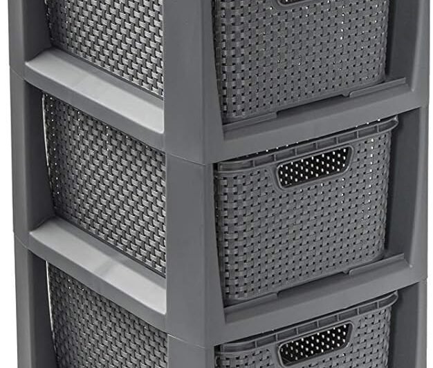 BranQ Home Essential 100% Recycled Polypropylene Plastic Ecological Shelf in Rattan Design, Anthracite, 29.5 x 24 x 80 cm, 5 Baskets