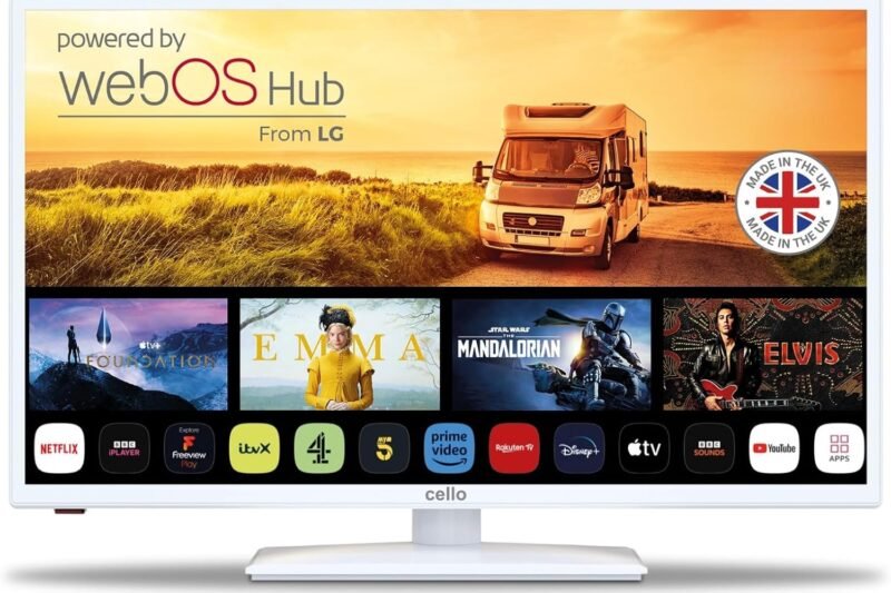 Cello White 12 Volt 32 Inch Traveller Smart TV, Ultra-Fast WebOS, Freeview Play, FreeSat, Bluetooth, Netflix, Apple TV and DAZN for Motorhomes, Caravans and Trucks [2025]