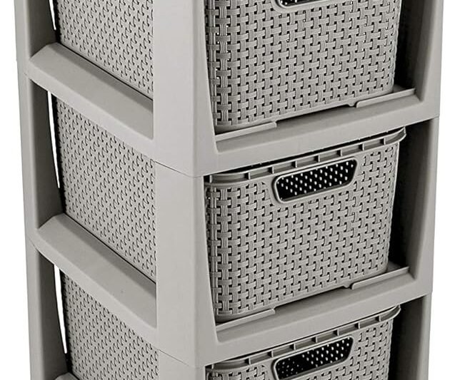 BranQ – Home essential Shelf in Rattan Design, BPA-Free Polypropylene Plastic, Light Grey, 29.5 x 24 x 80 cm, 5 Baskets